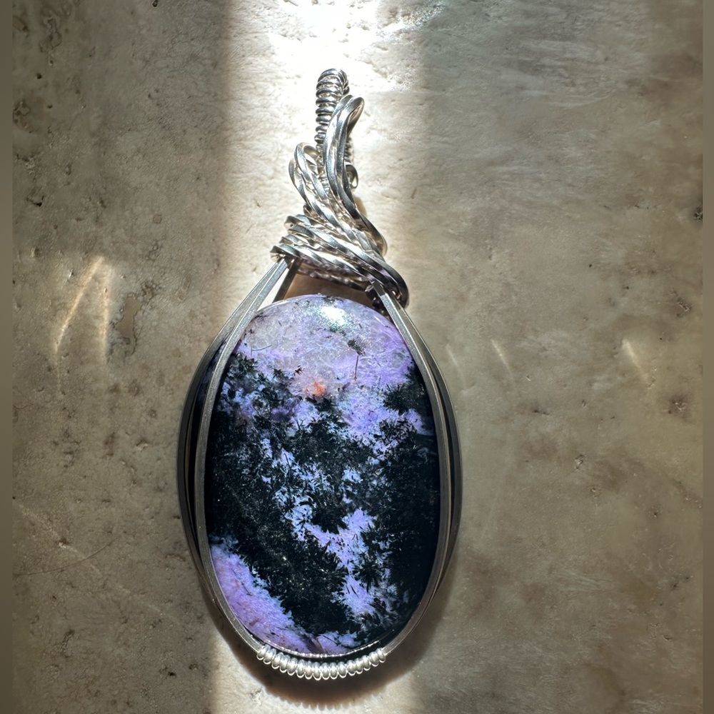 SALE- ๐ Sterling Silver Natural Charolite Stone Necklace Pendant - Picture 4 of 8